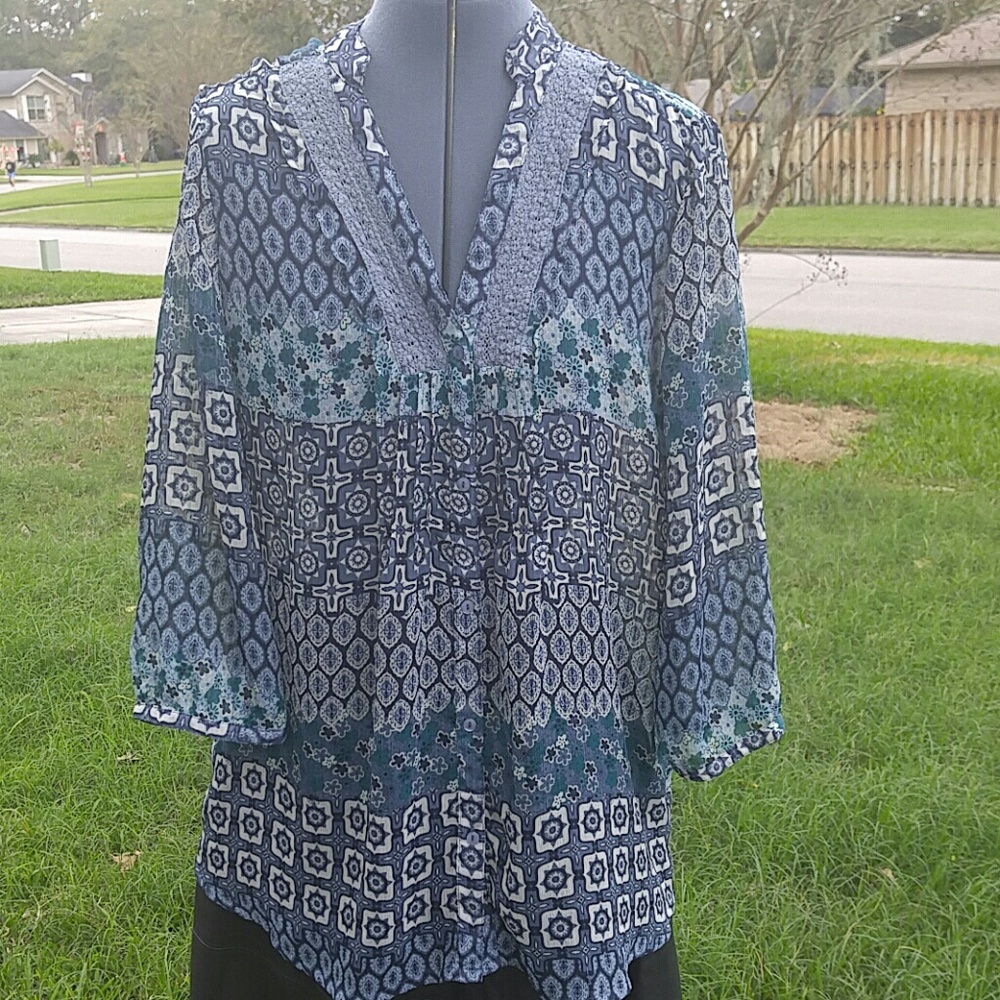 Blue, turquoise and cream blouse